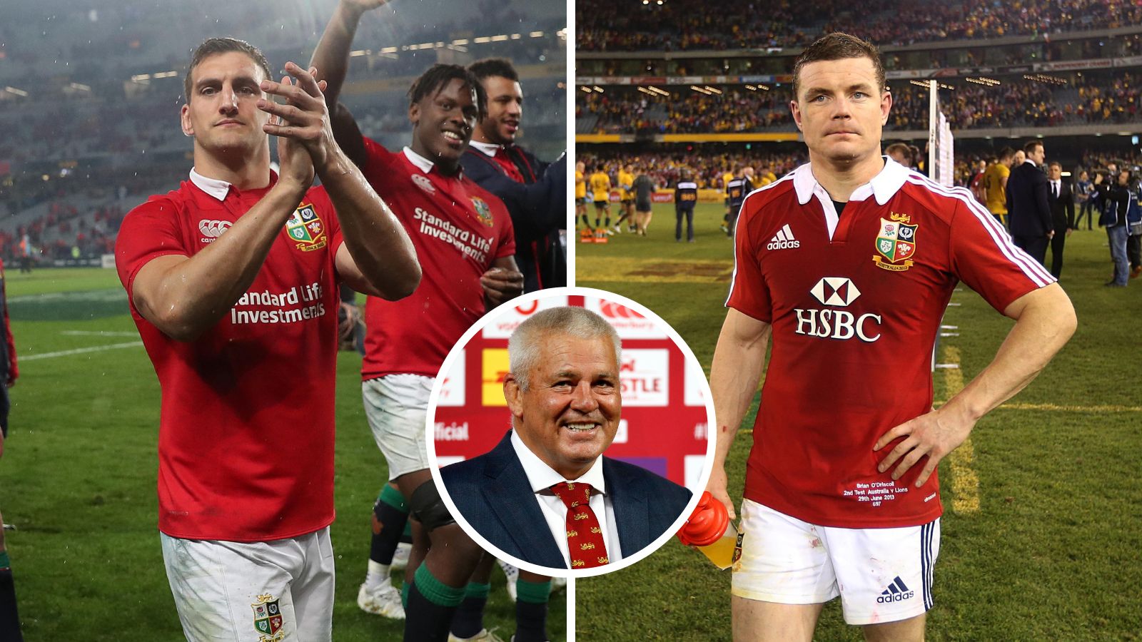 Former British and Irish Lions captain Sam Warburton, head coach Warren Gatland and Brian O'Driscoll.