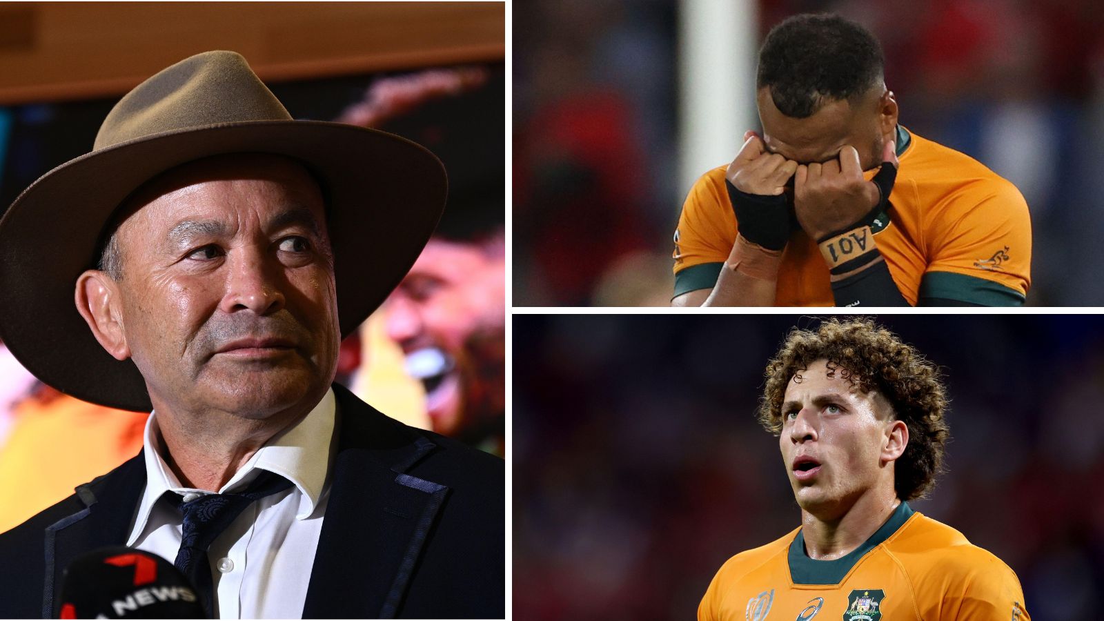 Former Australia head coach Eddie Jones and Wallabies players Samu Kerevi and Mark Nawaqanitawase during the Rugby World Cup.