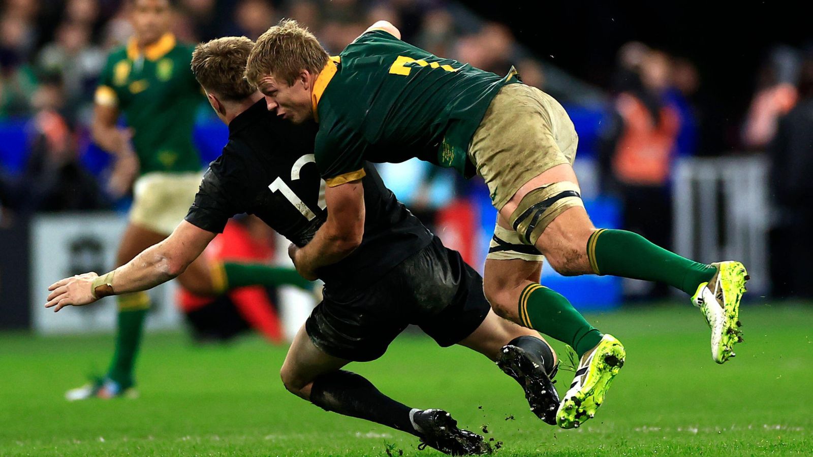 South Africa's Pieter-Steph du Toit tackles New Zealand's Jordie Barrett during the Rugby World Cup final match between the All Blacks and Springboks.