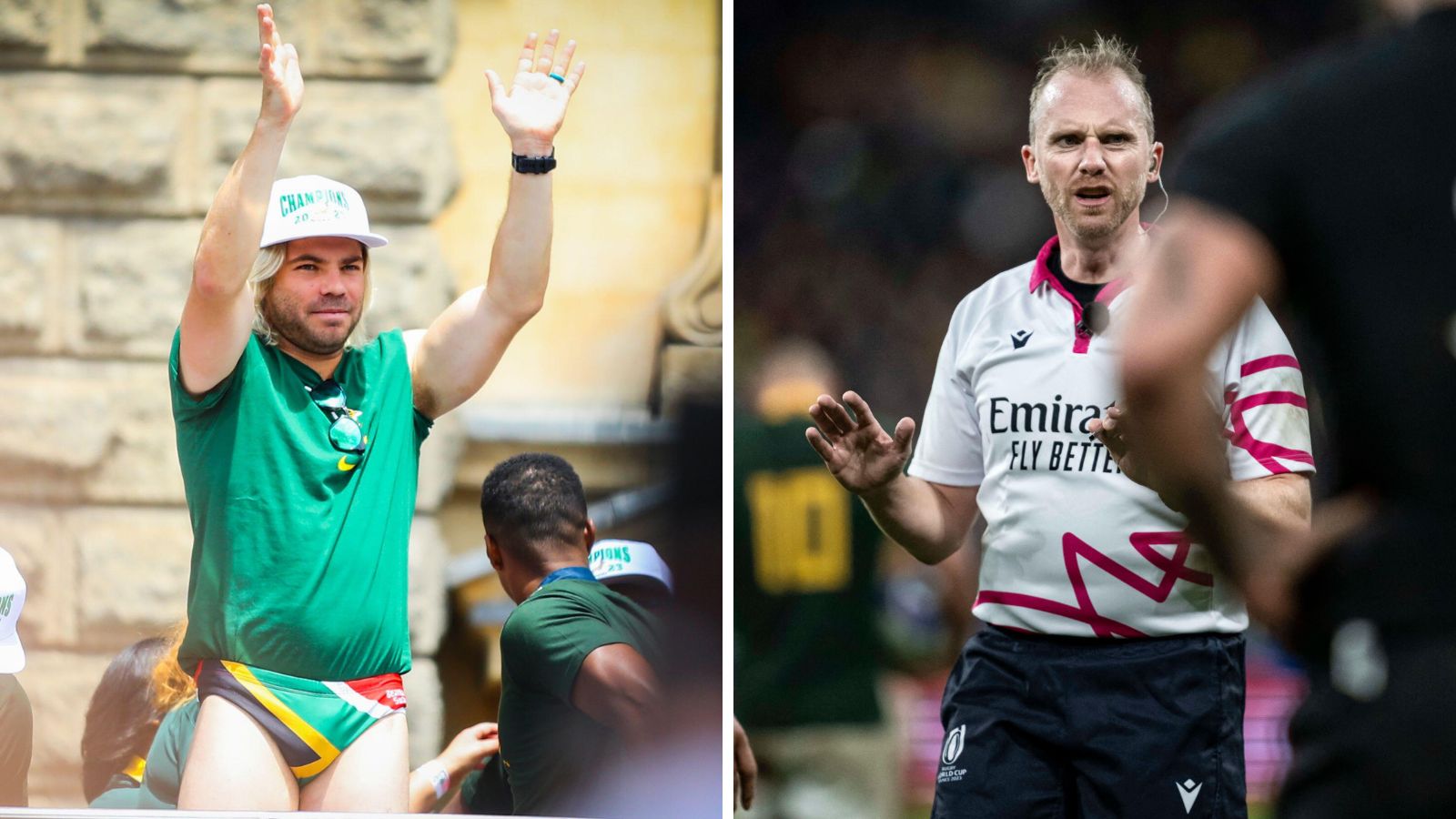 Springboks scrum-half Faf de Klerk and referee Wayne Barnes during the Rugby World Cup.
