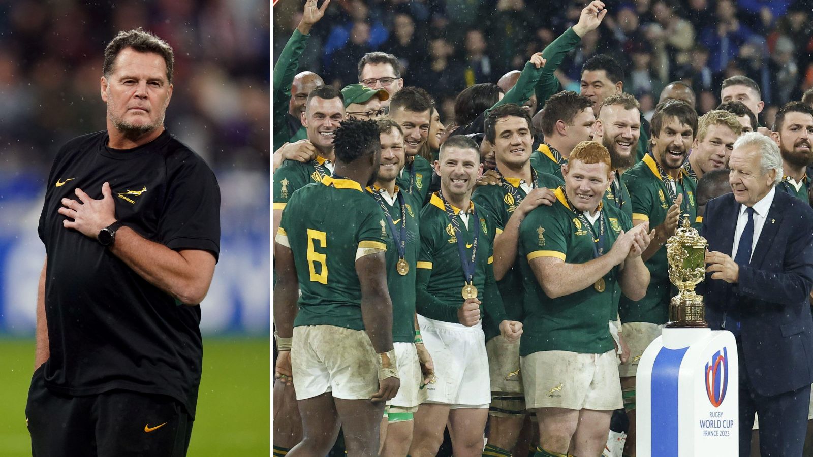 Springboks head coach Rassie Erasmus and the 2023 Rugby World Cup winning squad.