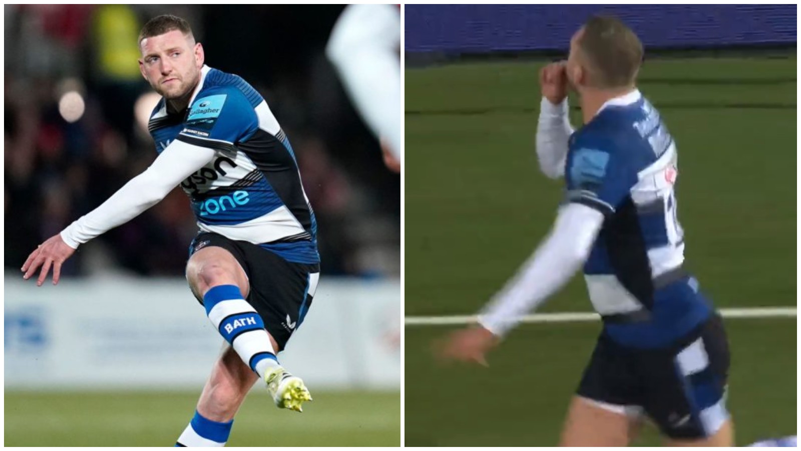 Bath fly-half Finn Russell shushing Gloucester fans.
