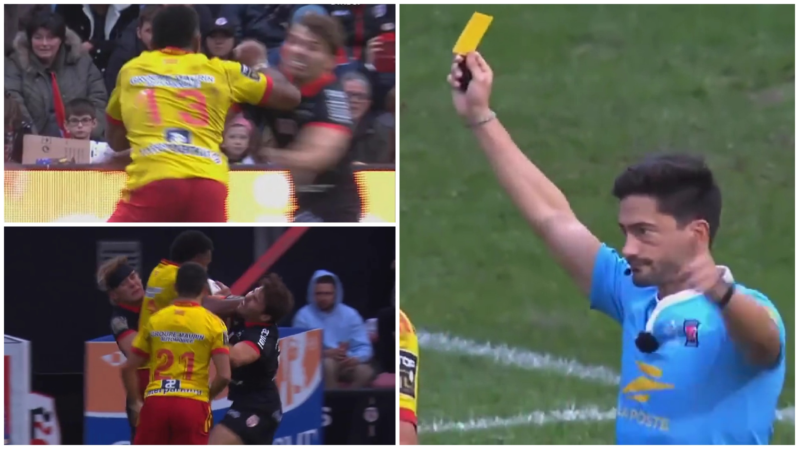 Antoine Dupont being hit high against Perpignan.