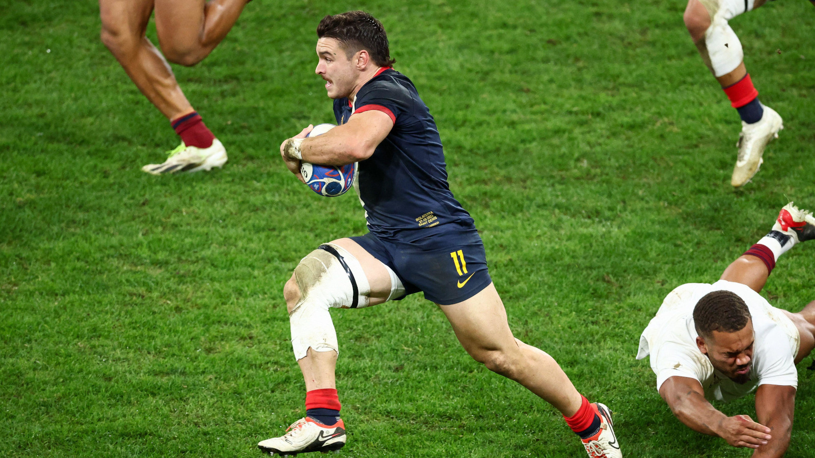 Argentina wing Mateo Carreras makes a break against England.