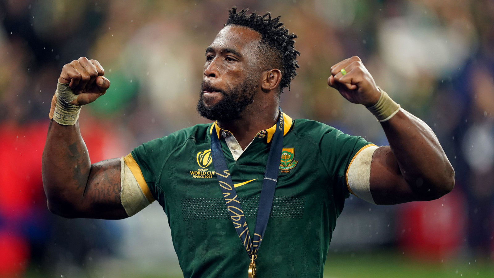 Siya Kolisi celebrates following 2023 Rugby World Cup final win.