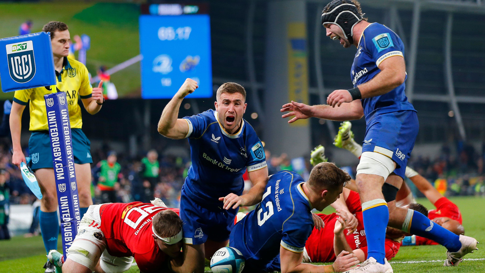 Leinster's Jordan Larmour celebrates try against Munster in 2023.