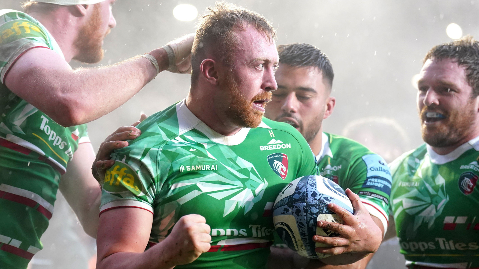 Tommy Reffell after scoring for Leicester Tigers.