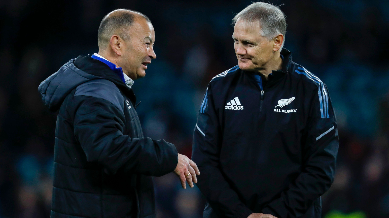 Eddie Jones and Joe Schmidt chatting before England v All Blacks clash in 2023.