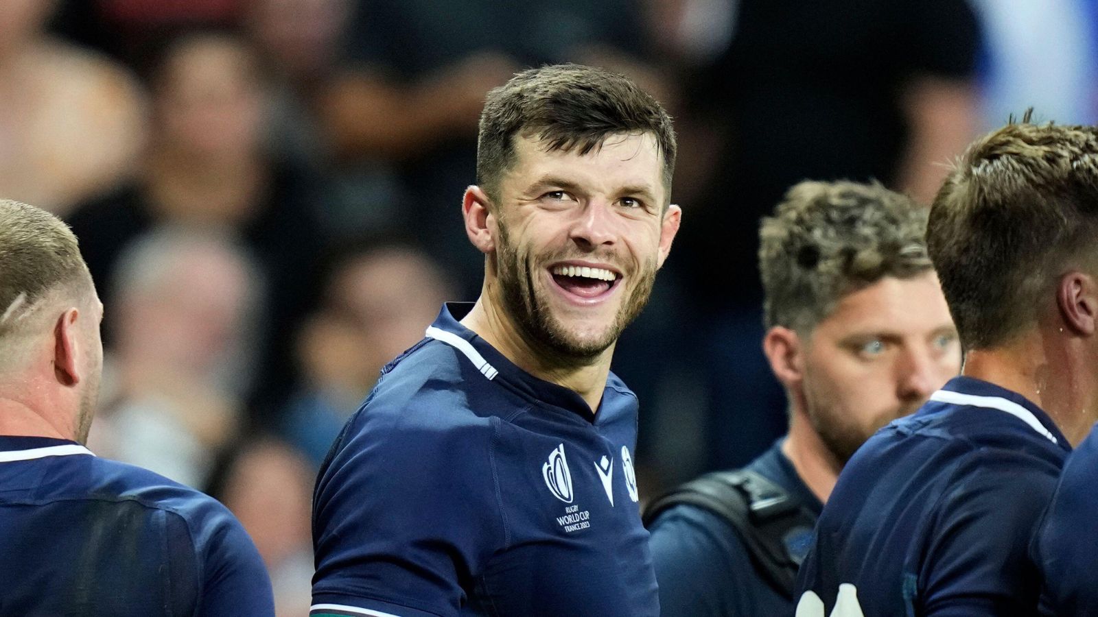 Scotland's Blair Kinghorn reacts after scoring a try during the Rugby World Cup.