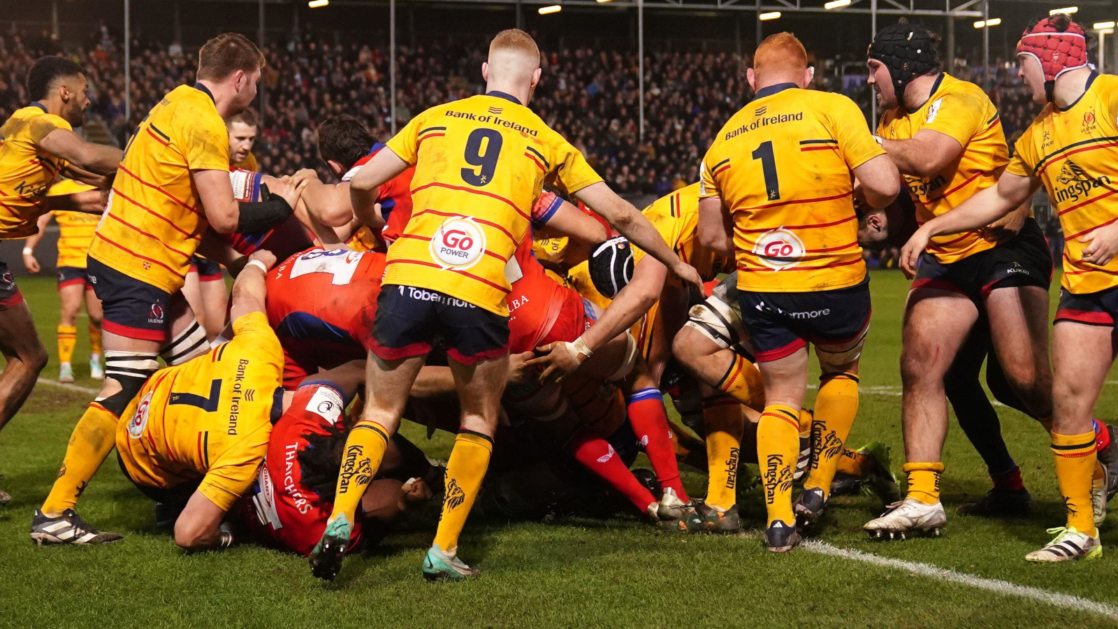 Tom Dunn scores Bath's second try against Ulster in the Champions Cup in 2023.