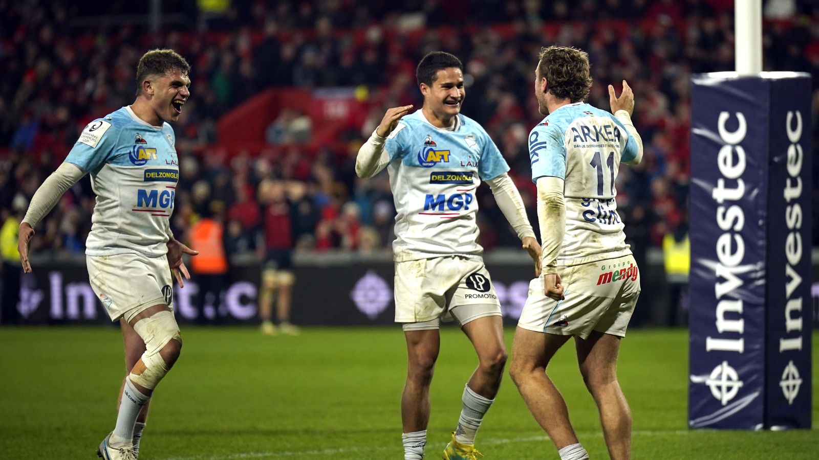 Bayonne's Remy Baget and Tom Spring celebrate after the final whistle in the Investec Champions Cup match at Thomond Park.