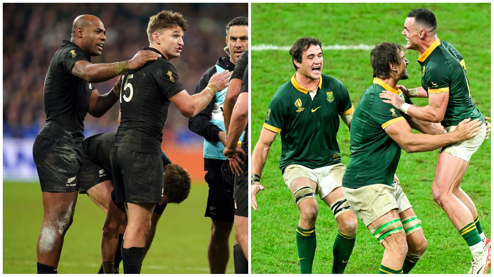 All Blacks duo Mark Telea and Beauden Barrett and Springboks Franco Mostert, Eben Etzebeth and Jesse Kriel celebrate.