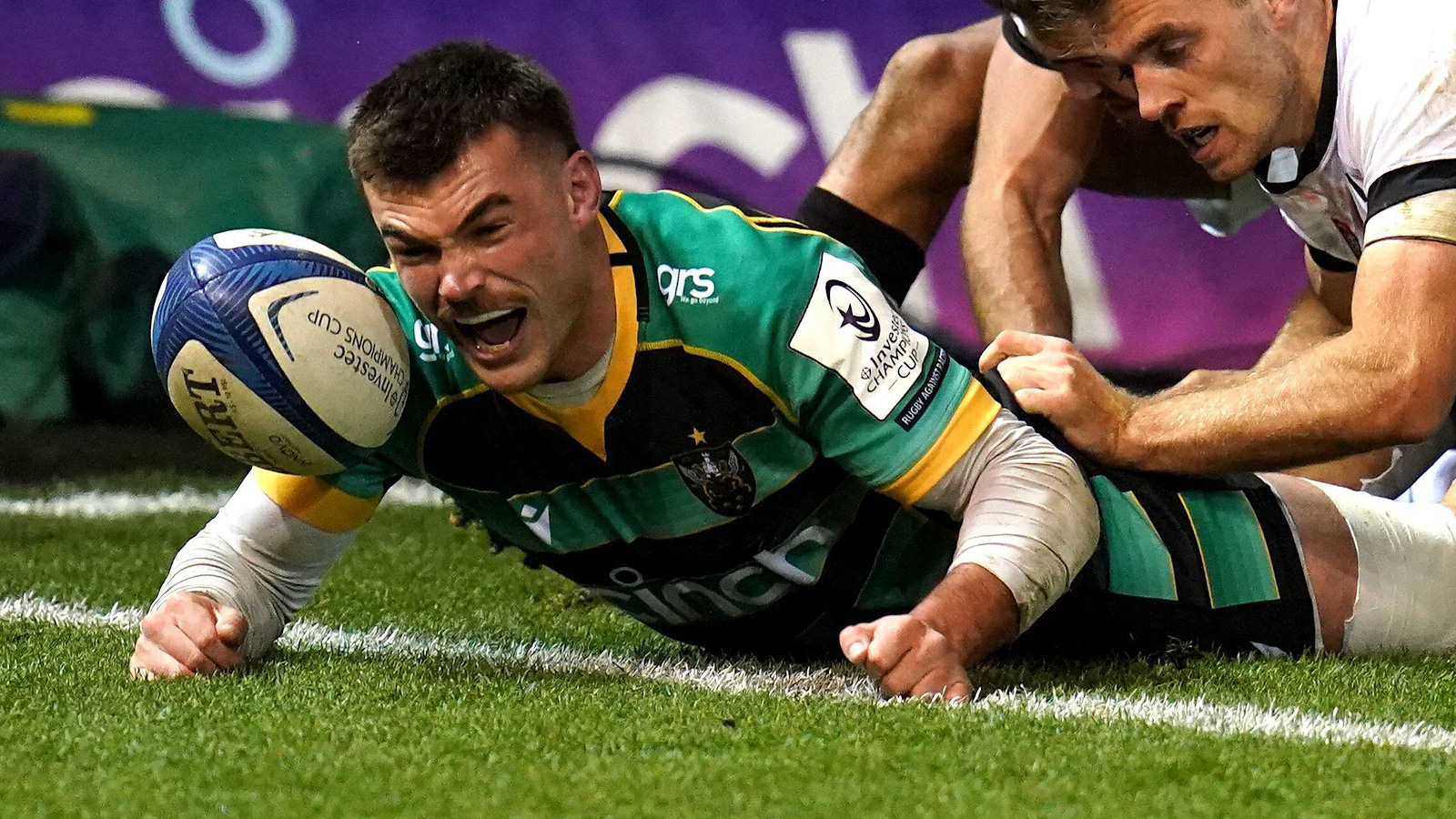 Northampton Saints back George Furbank celebrates try against Toulon.