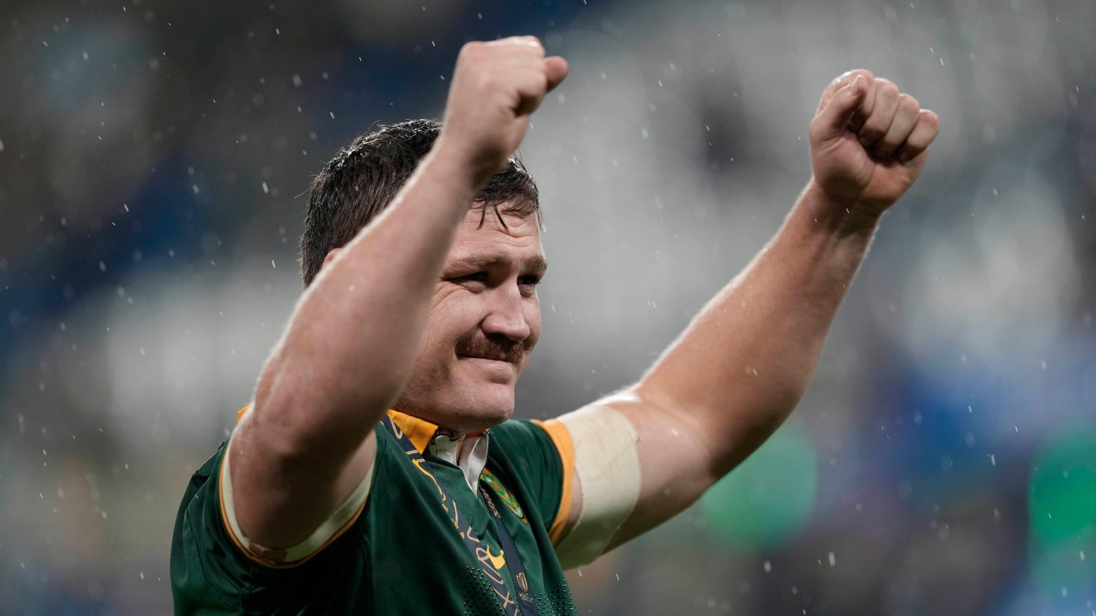 South Africa's Jasper Wiese celebrates after winning the Rugby World Cup final match against New Zealand at the Stade de France in Saint-Denis.