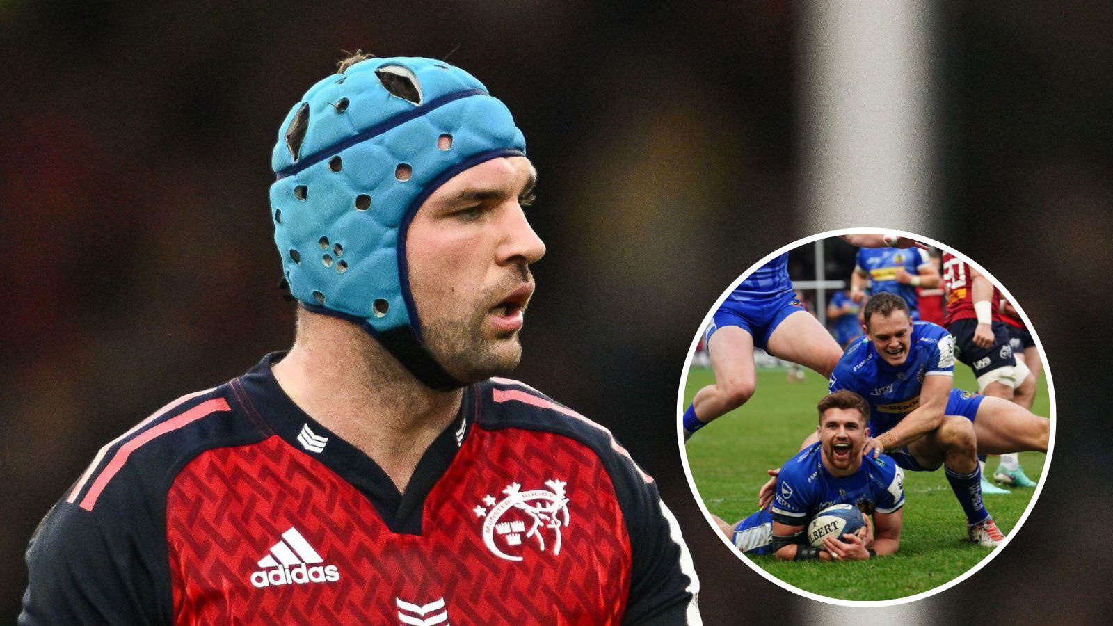 Munster captain Tadhg Beirne and Exeter Chiefs' Henry Slade celebrates scoring a try during the Investec Champions Cup match at Sandy Park.