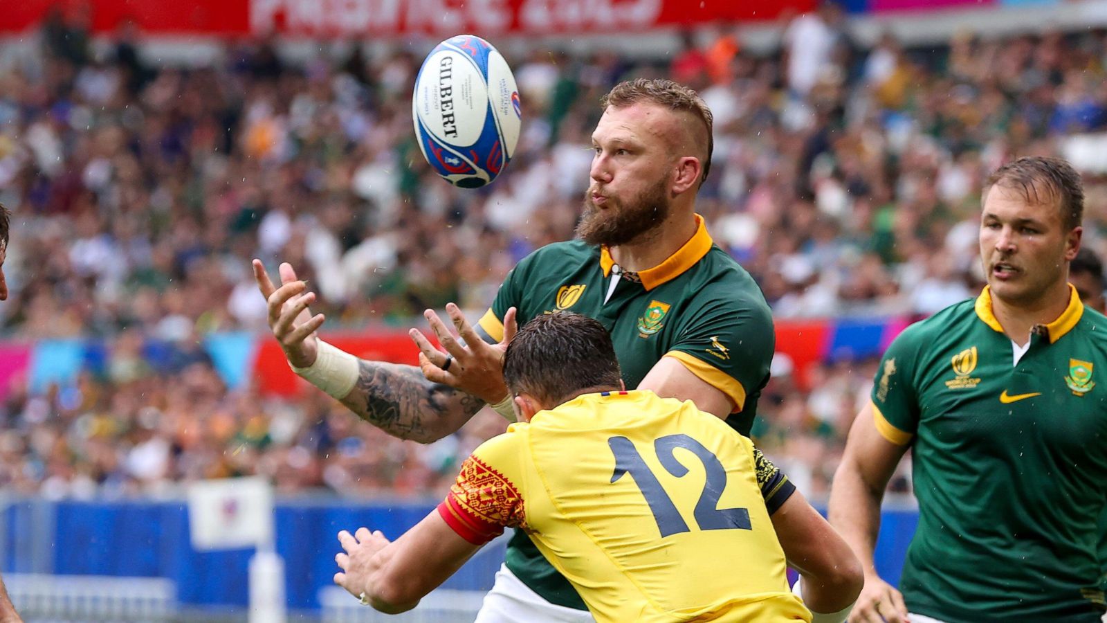 Springboks lock RG Snyman in action for South Africa during the Rugby World Cup Pool B clash against Romania.