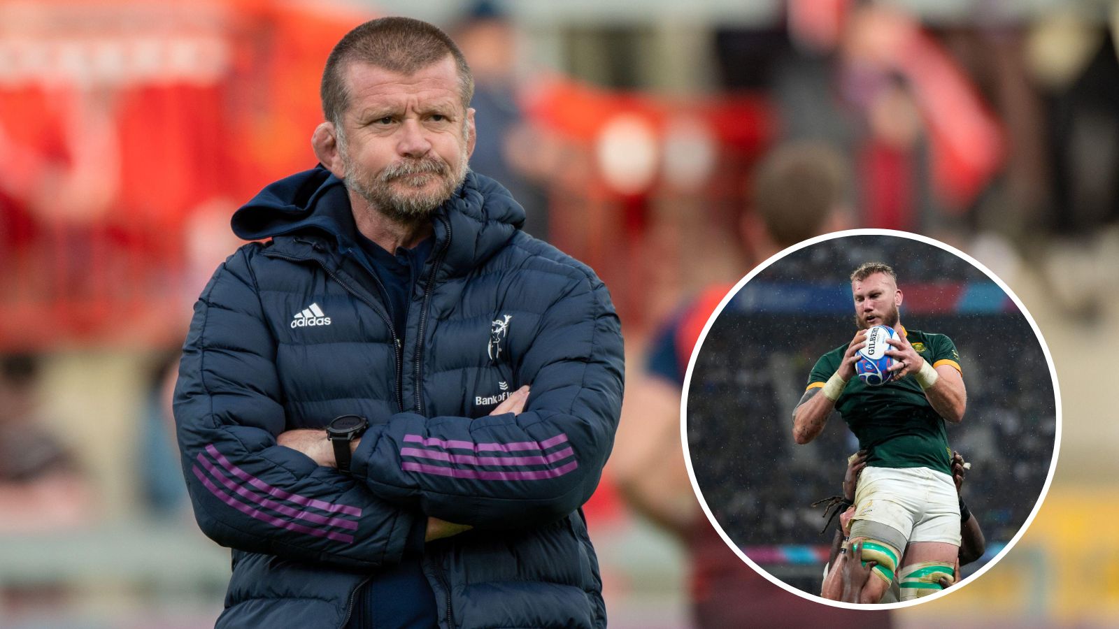 Munster Head Coach Graham Rowntree during the United Rugby Championship and Springboks lock RG Snyman.