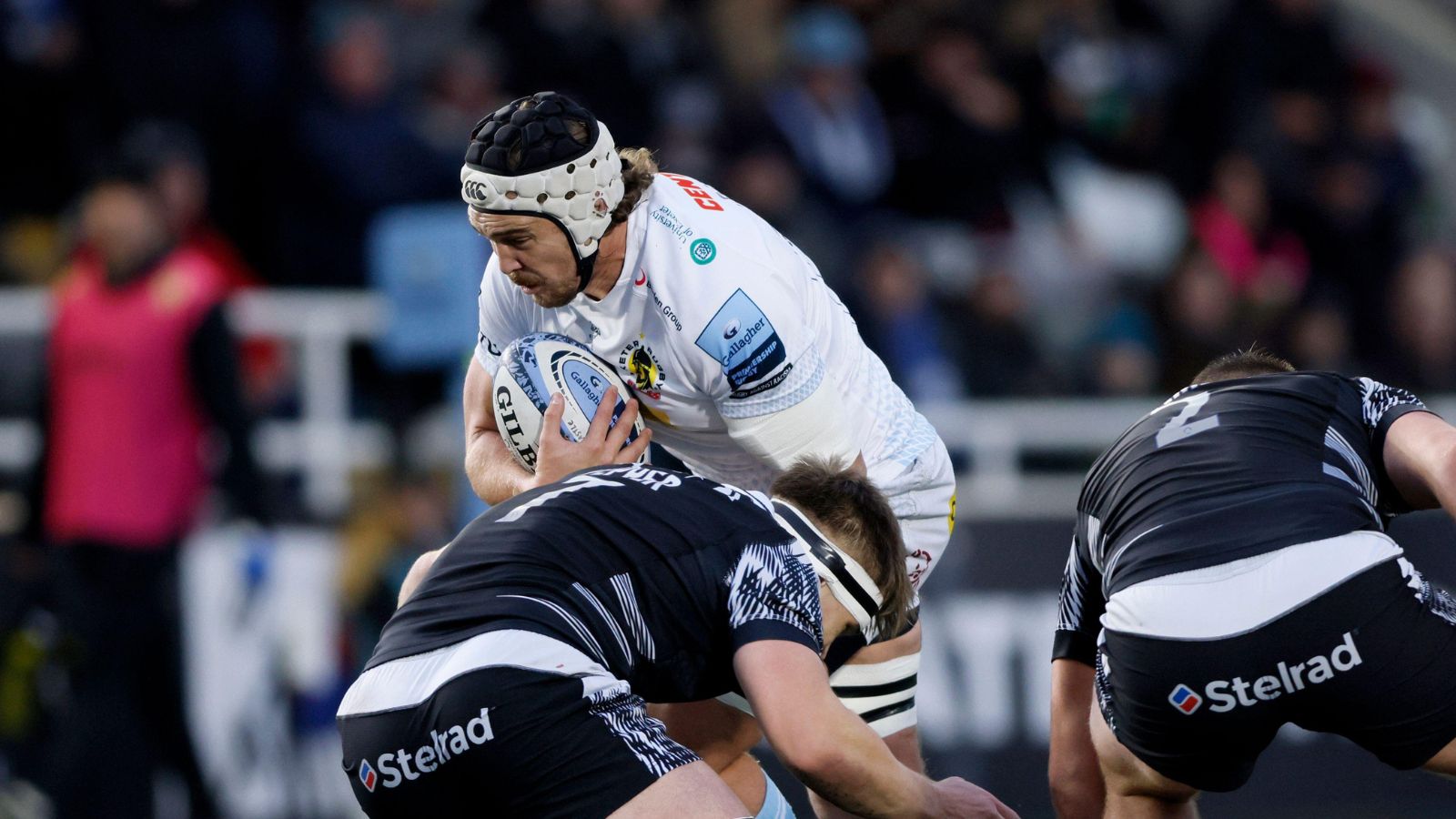 Newcastle Falcons' Guy Pepper (left) and Exeter Chiefs' Aidon Davis in action during the Gallagher Premiership match at Kingston Park Stadium, Newcastle upon Tyne.