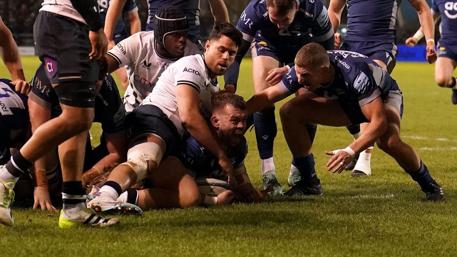 Sale Sharks' Luke Cowan-Dickie celebrates scoring a try during the Gallagher Premiership match at the AJ Bell Stadium, Eccles.