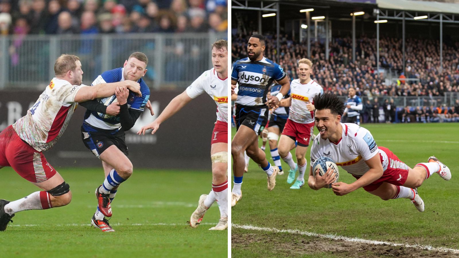 Finn Russell and Marcus Smith during Bath Rugby vs Harlequins, The Recreation Ground, Bath UK on Saturday 23rd December