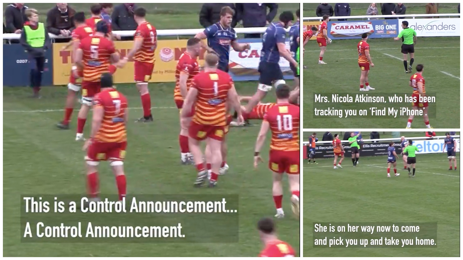 Split of images from a Championship game between London Scottish and Cambridge.