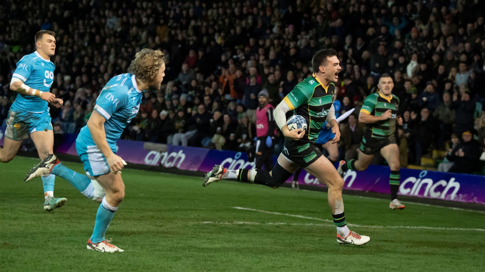 Northampton star George Furbank on his way to the tryline.