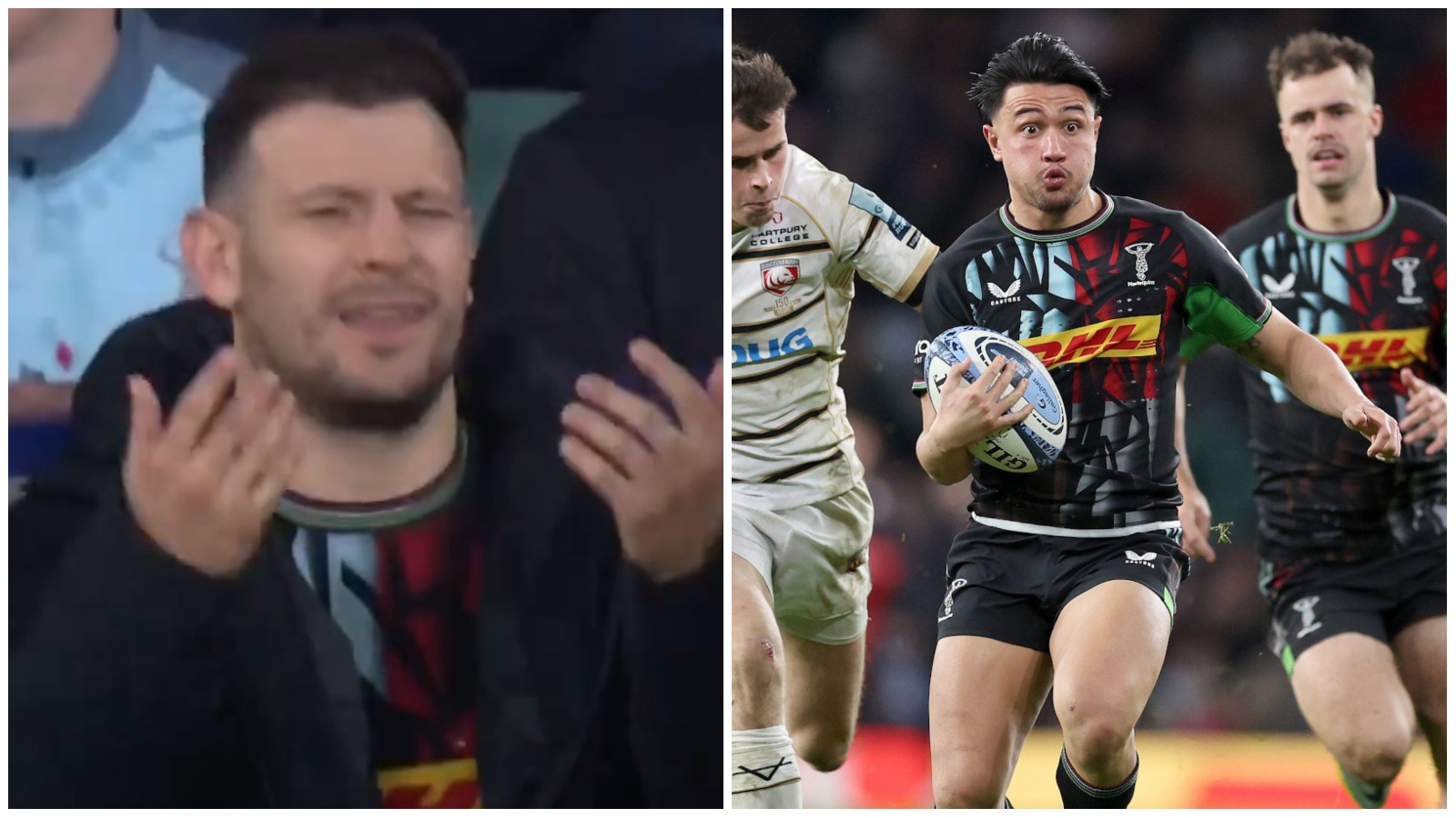 Danny Care reacts to Harlequins team-mate Marcus Smith being named player of the match.