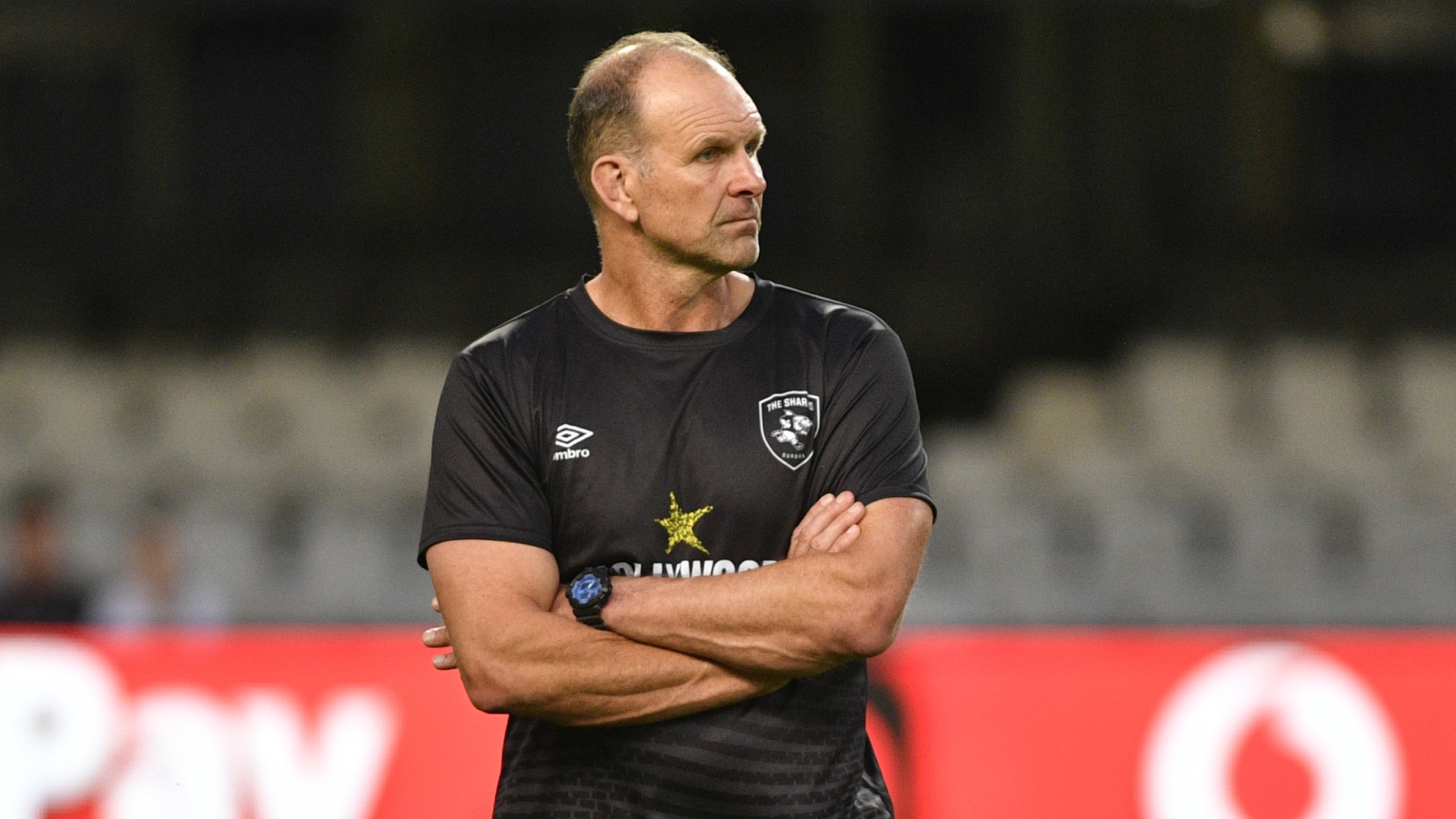 Sharks head coach John Plumtree looks on during a warm-up.