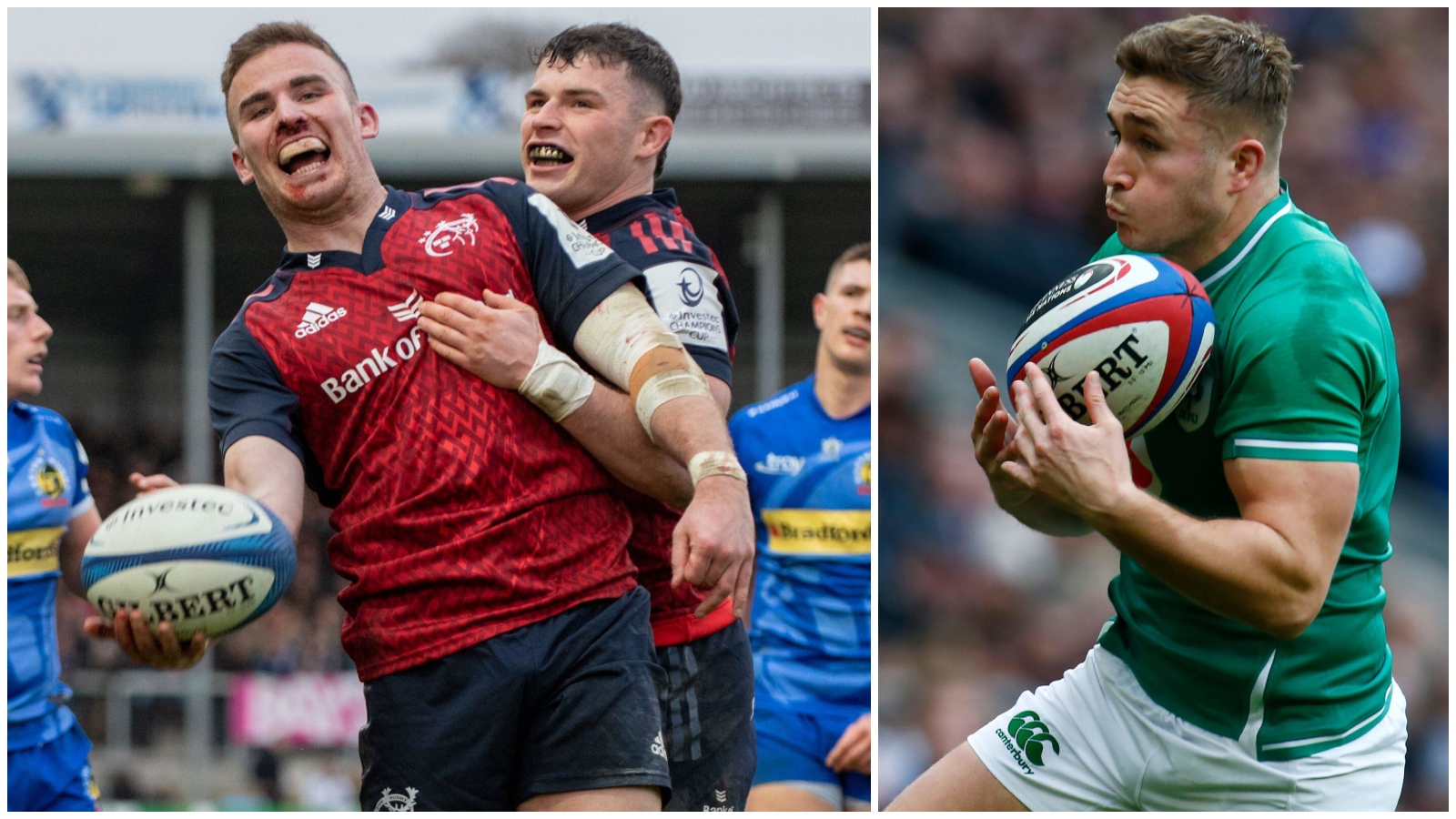 Shane Daly and Calvin Nash of Munster and Jordan Larmour playing for Ireland.