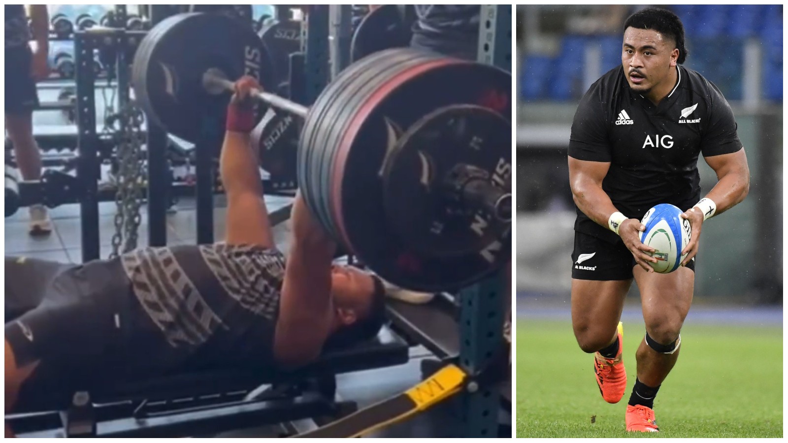 Hurricanes and New Zealand hooker Asafo Aumua bench pressing.