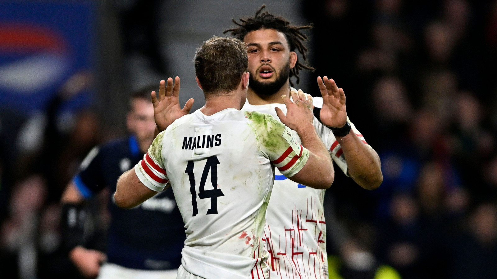 England's Max Malins with his name on his shirt in 2023 Six Nations.