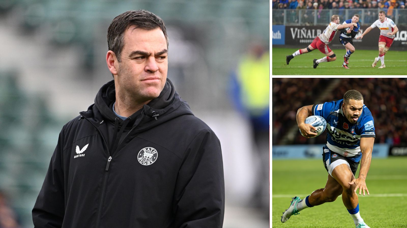 Head of Rugby for Bath Johann van Graan and flyhalf Finn Russell and centre Ollie Lawrence.
