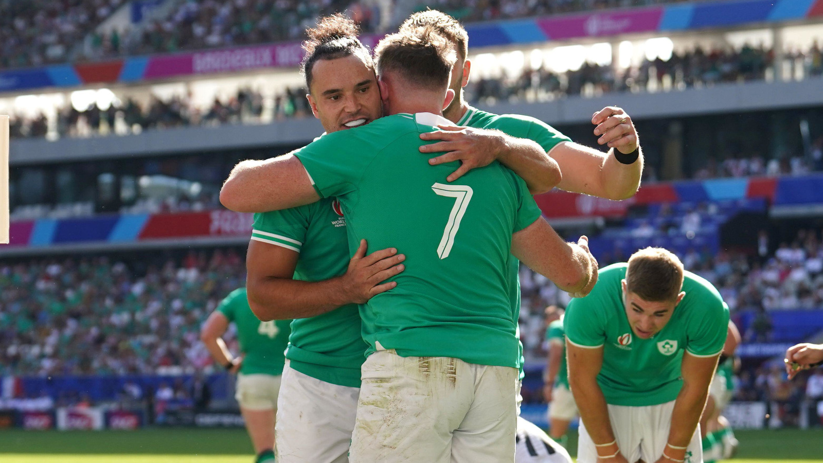 Ireland wing James Lowe congratulates Peter O'Mahony.