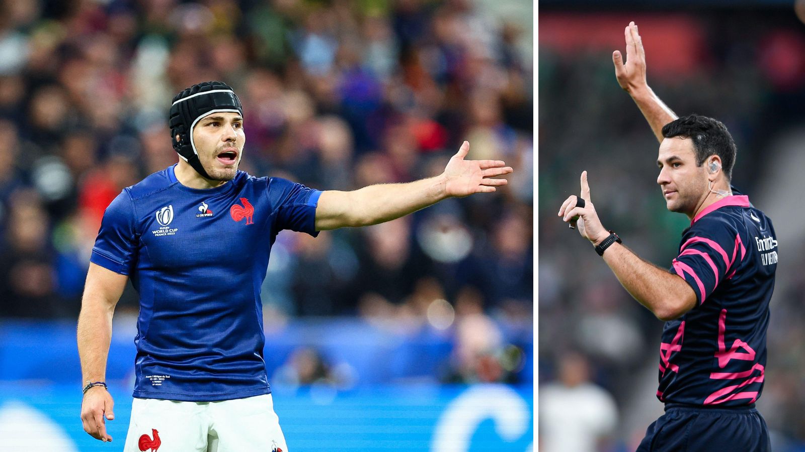 antoine dupont of France during the Rugby World Cup Quarter-final 4 match between France and South Africa and referee Ben O'Keeffe.