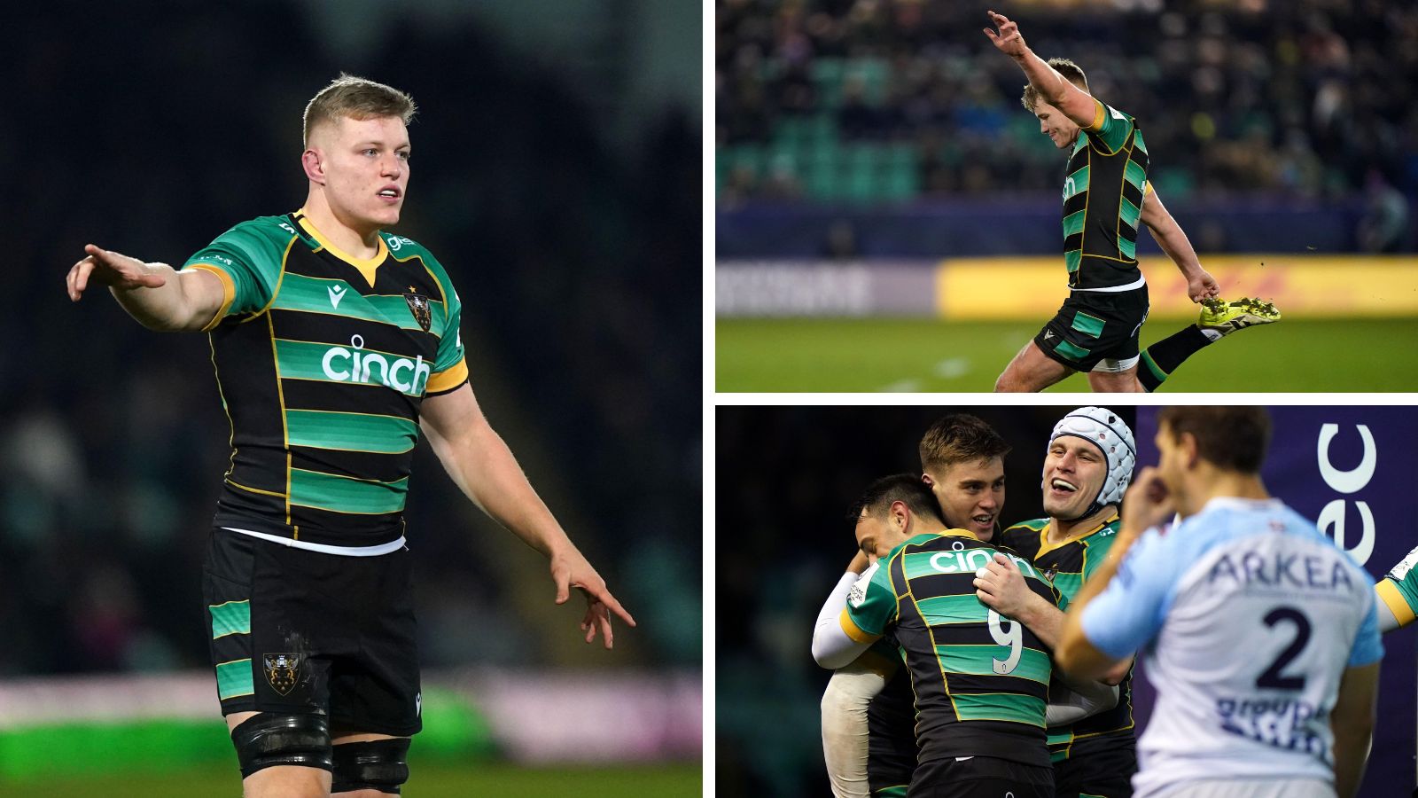 Northampton Saints' Tom Pearson, Fin Smith, and Tommy Freeman during the Investec Champions Cup match at the cinch Stadium at Franklin's Gardens, Northampton