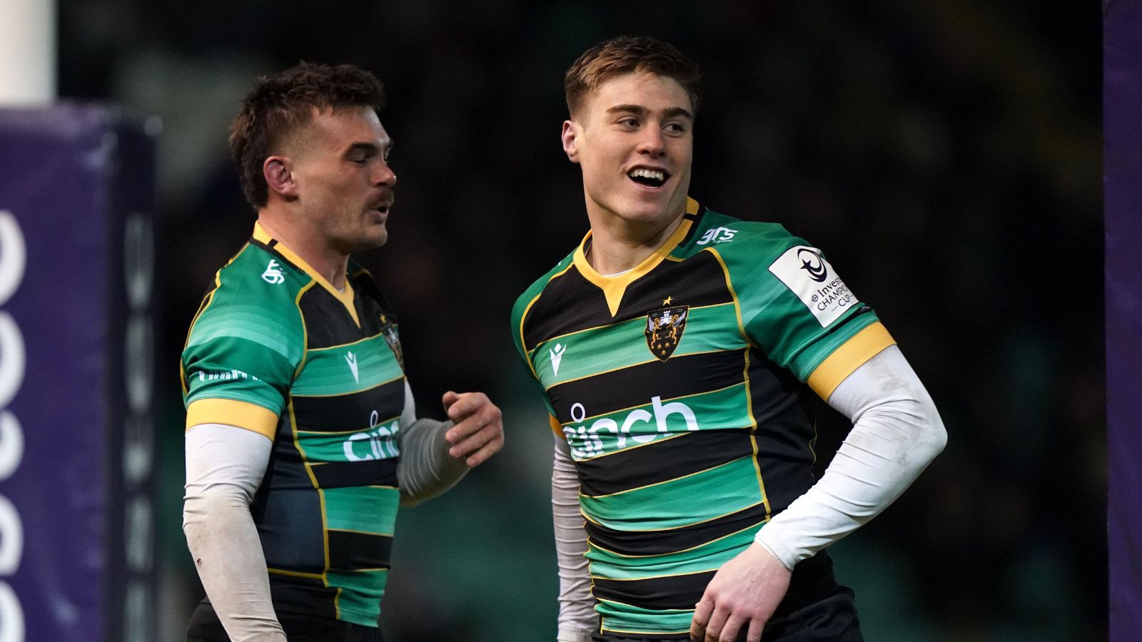 Northampton Saints' Tommy Freeman (right) celebrates scoring their side's first try of the game during the Investec Champions Cup match at the cinch Stadium at Franklin's Gardens, Northampton.