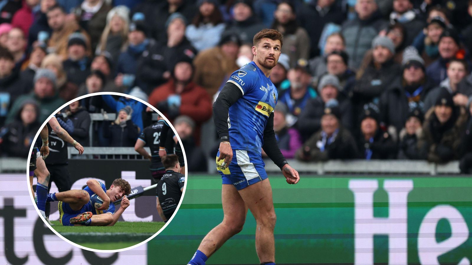 Exeter Chiefs' Henry Slade reacts after kicking a conversion putting his side in the lead during the Investec Champions Cup match at Sandy Park and image of the match winning try.