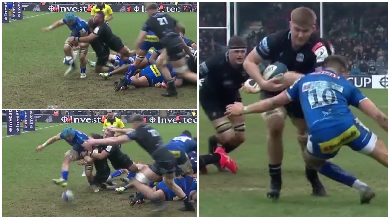 Glasgow Warriors having a try disallowed in Champions Cup game against Exeter Chiefs 2024.