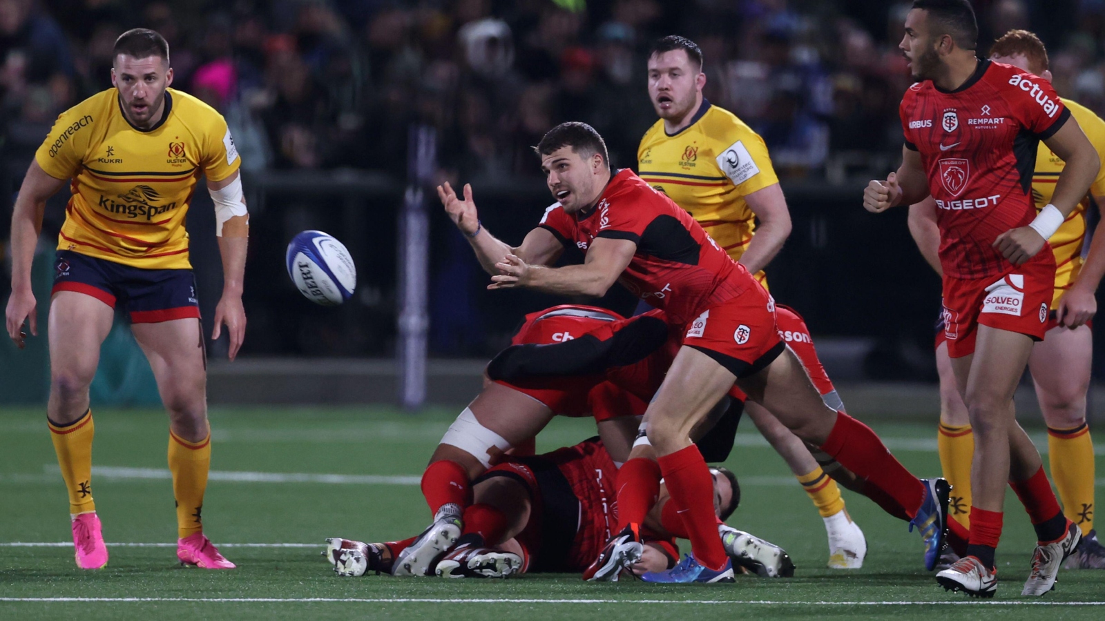 Antoine Dupont of Toulouse passes the ball against Ulster.
