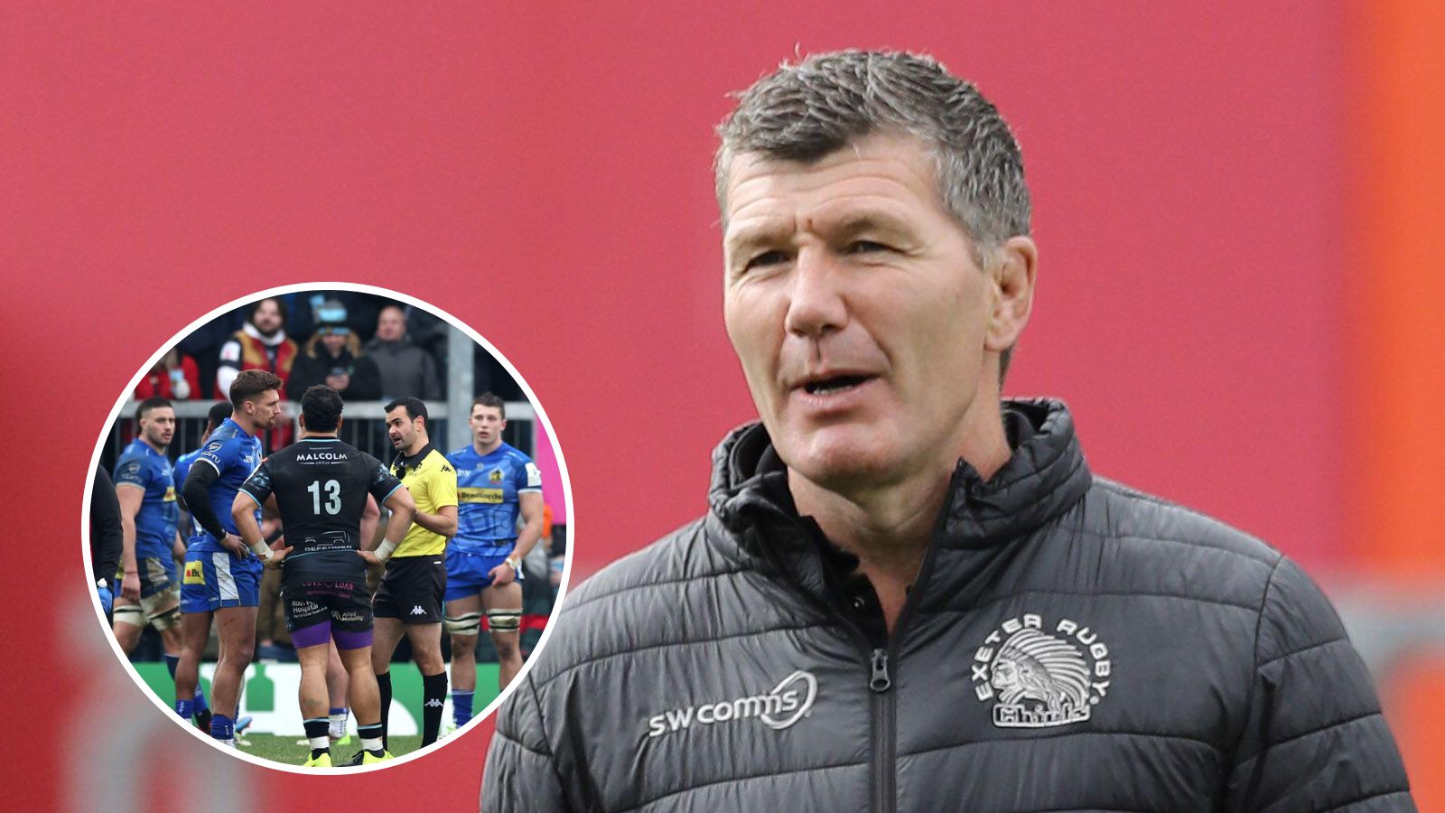 Referee Pierre Brousset talks to players after disallowing the try of Glasgow Warriors' Euan Ferrie and Exeter Chiefs boss Rob Baxter during the Champions Cup.
