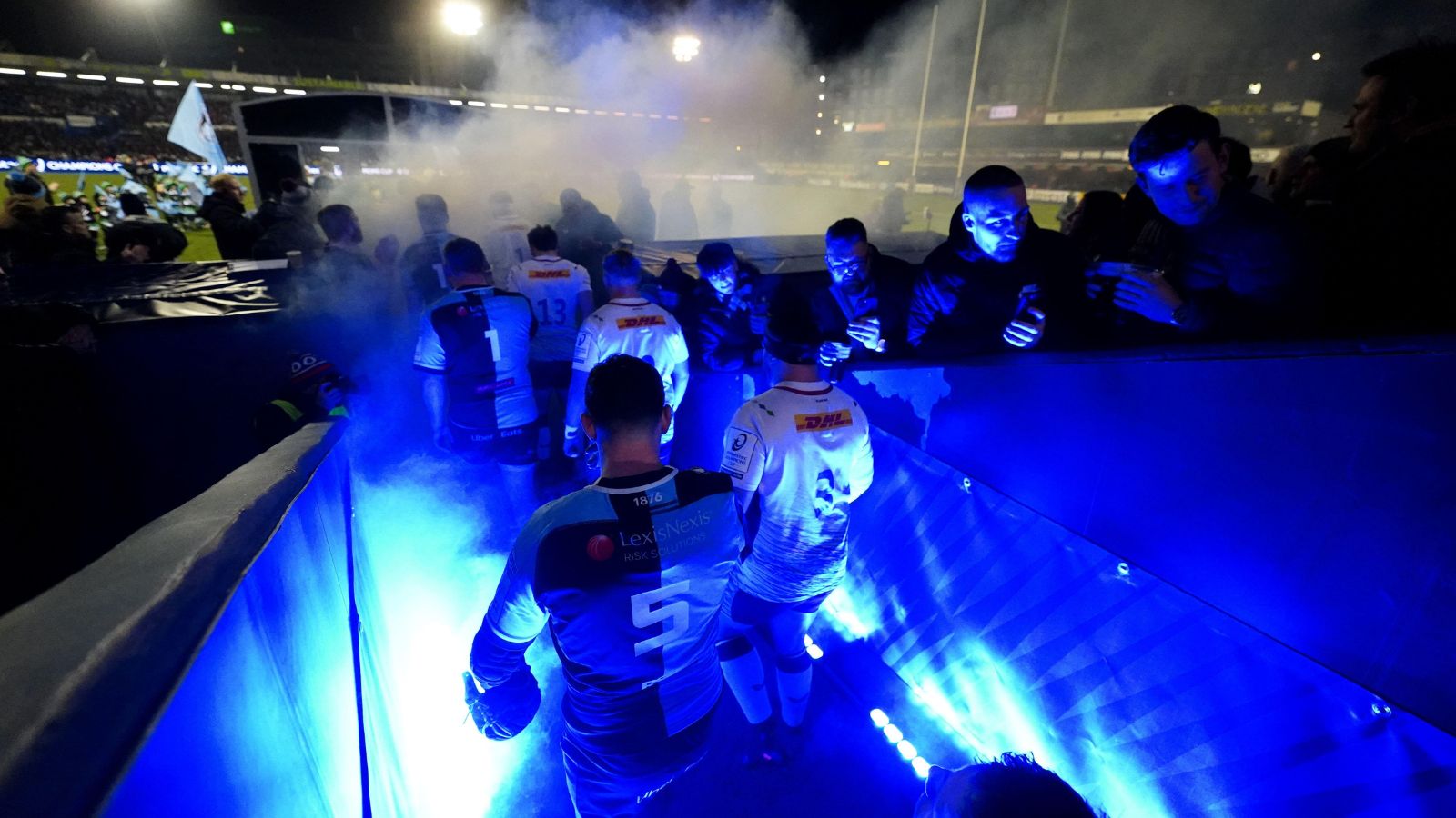 The players walk out to the pitch before the Investec Champions Cup match at the Cardiff Arms Park, Cardiff.