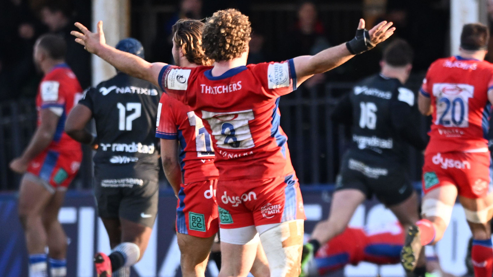 Bath back-row Alfie Barbeary celebrates.