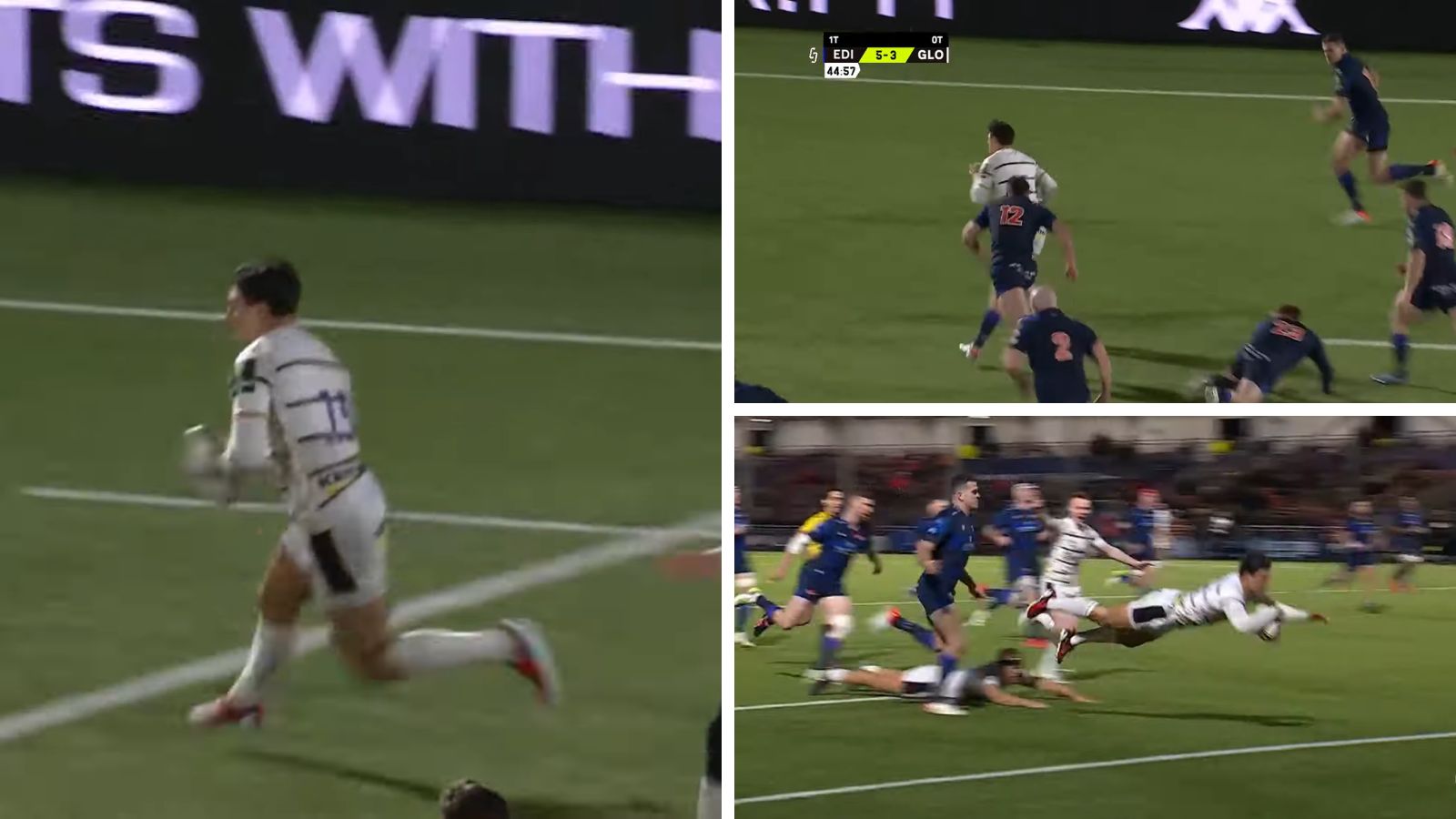 Wales star Louis Rees-Zammit scores a solo try for Gloucester during the Challenge Cup clash against Edinburgh.