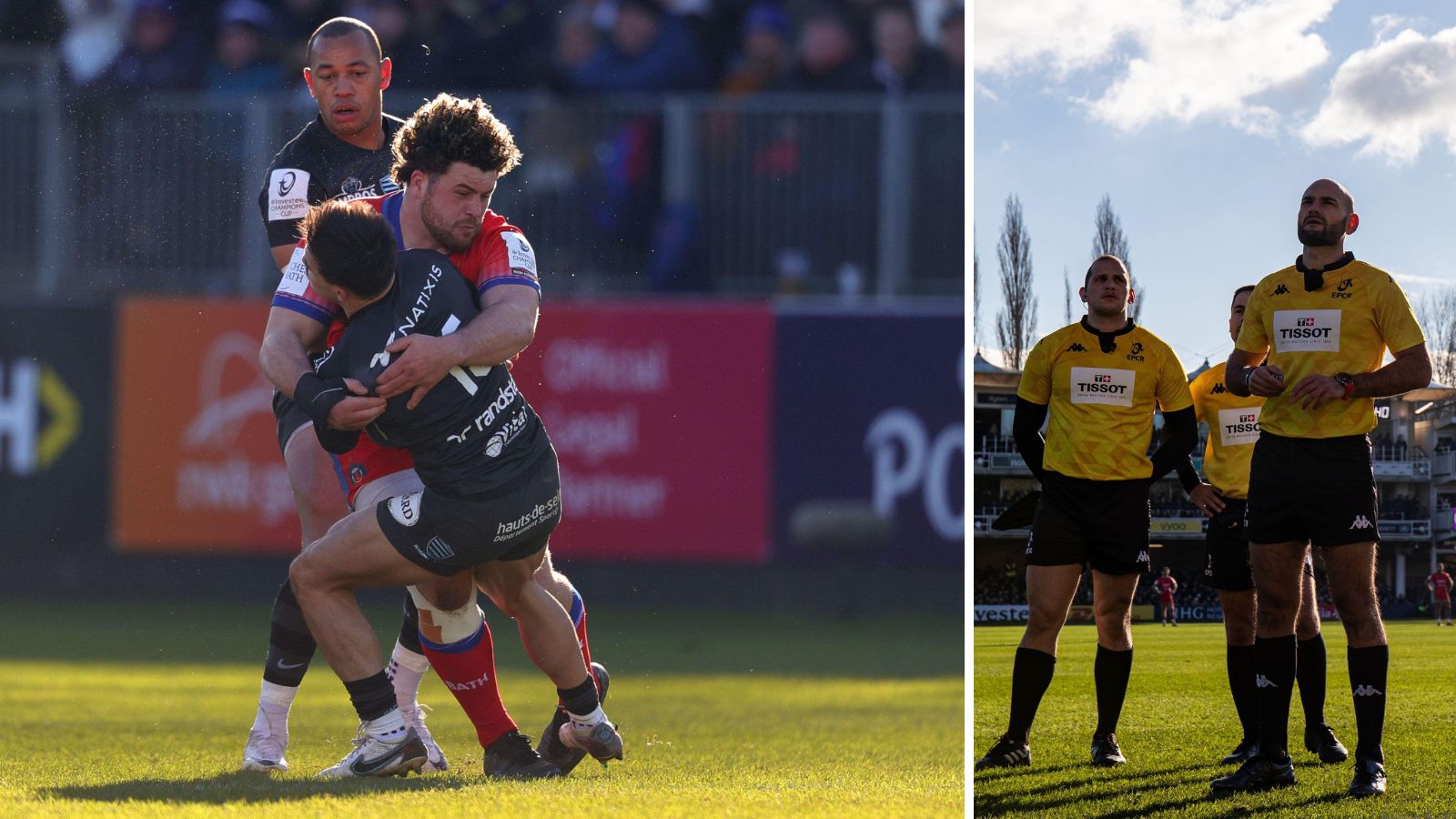 Bath's Alfie Barbeary tackled Racing 92's Max Spring resulting in a yellow card during the Investec Champions Cup and Referee Andrea Piardi asses the big screen before giving Barbeary a yellow card.