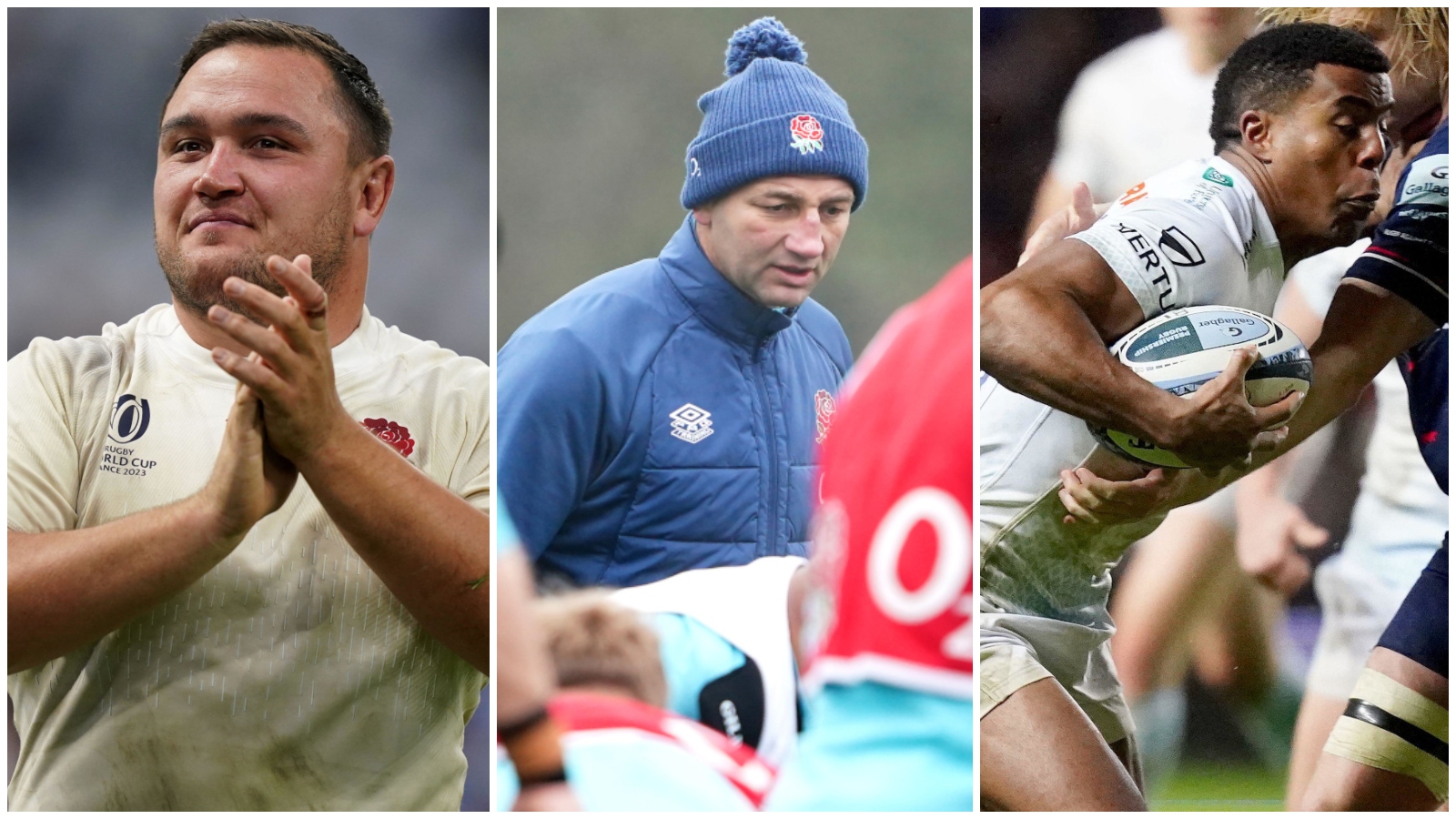 England captain Jamie George, head coach Steve Borthwick and new wing Immanuel Feyi-Waboso.