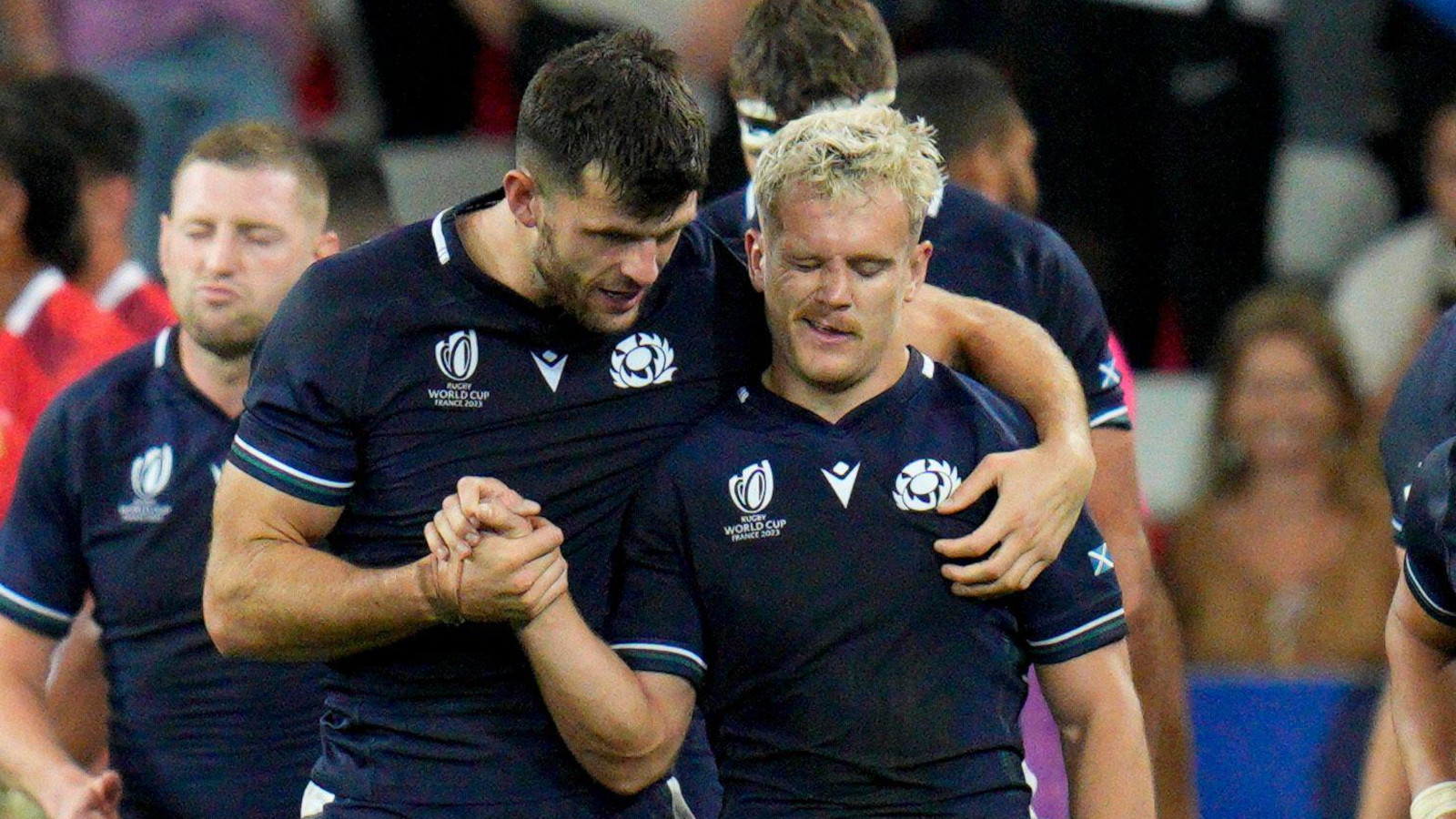 Darcy Graham alongside Scotland team-mate Blair Kinghorn at the Rugby World Cup.