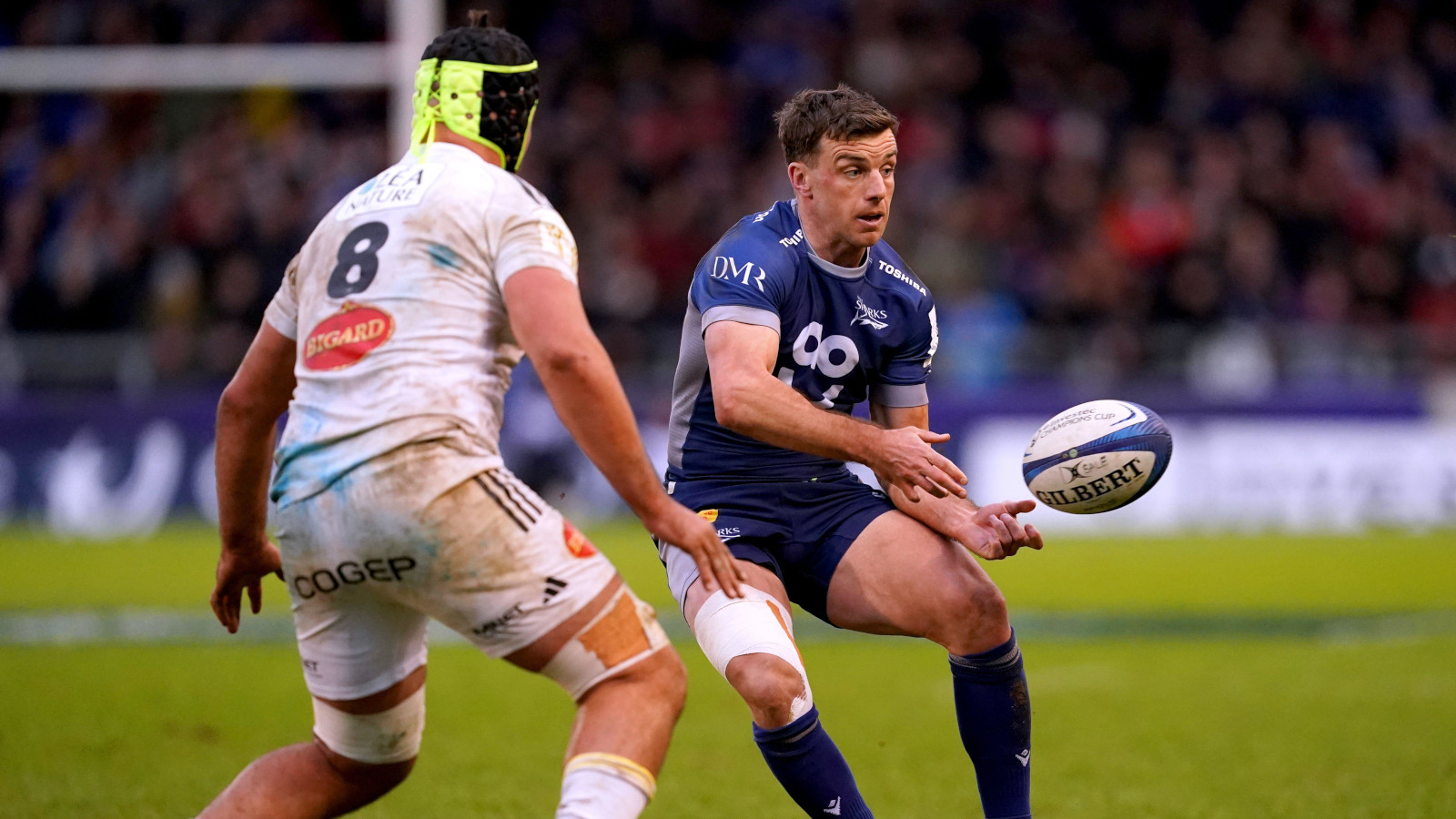 La Rochelle's Gregory Alldritt in defence opposite Sale's George Ford in the Champions Cup.
