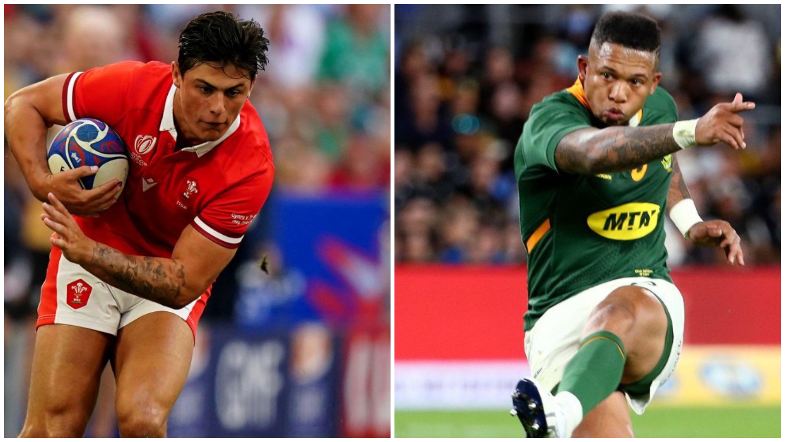 Wales winger Louis Rees-Zammit and former Springboks fly-half Elton Jantjies.