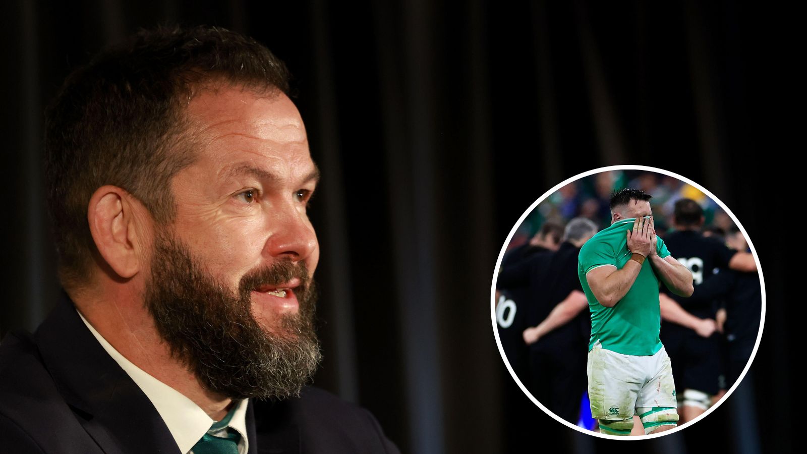 Ireland head coach Andy Farrell during the 2024 Guinness Men's Six Nations Launch and Jack Conan reacting after the Rugby World Cup quarterfinal loss to New Zealand.