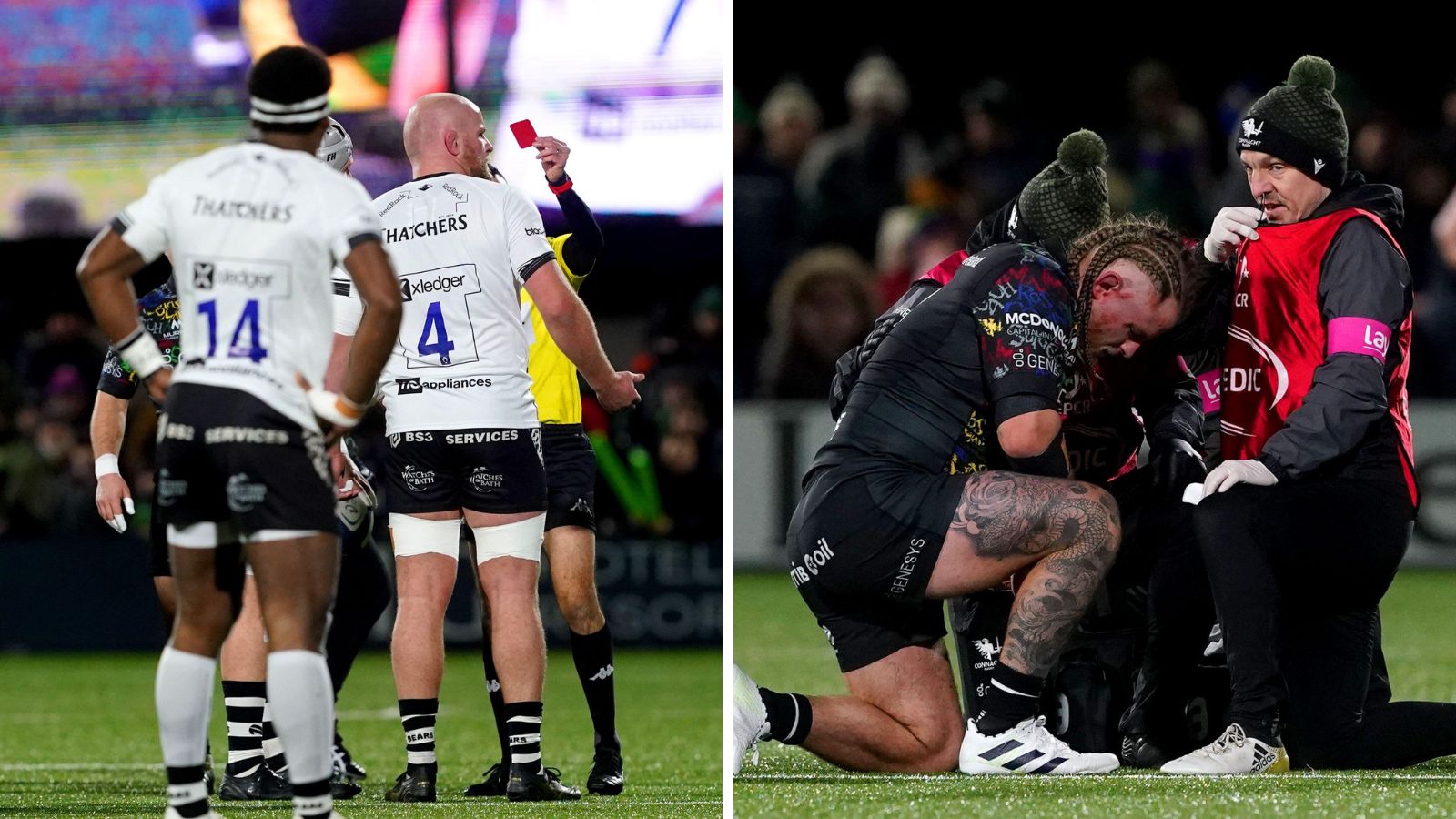 Bristol Bears lock Josh Caulfield is red carded and Connacht prop Finlay Bealham recieving treament.